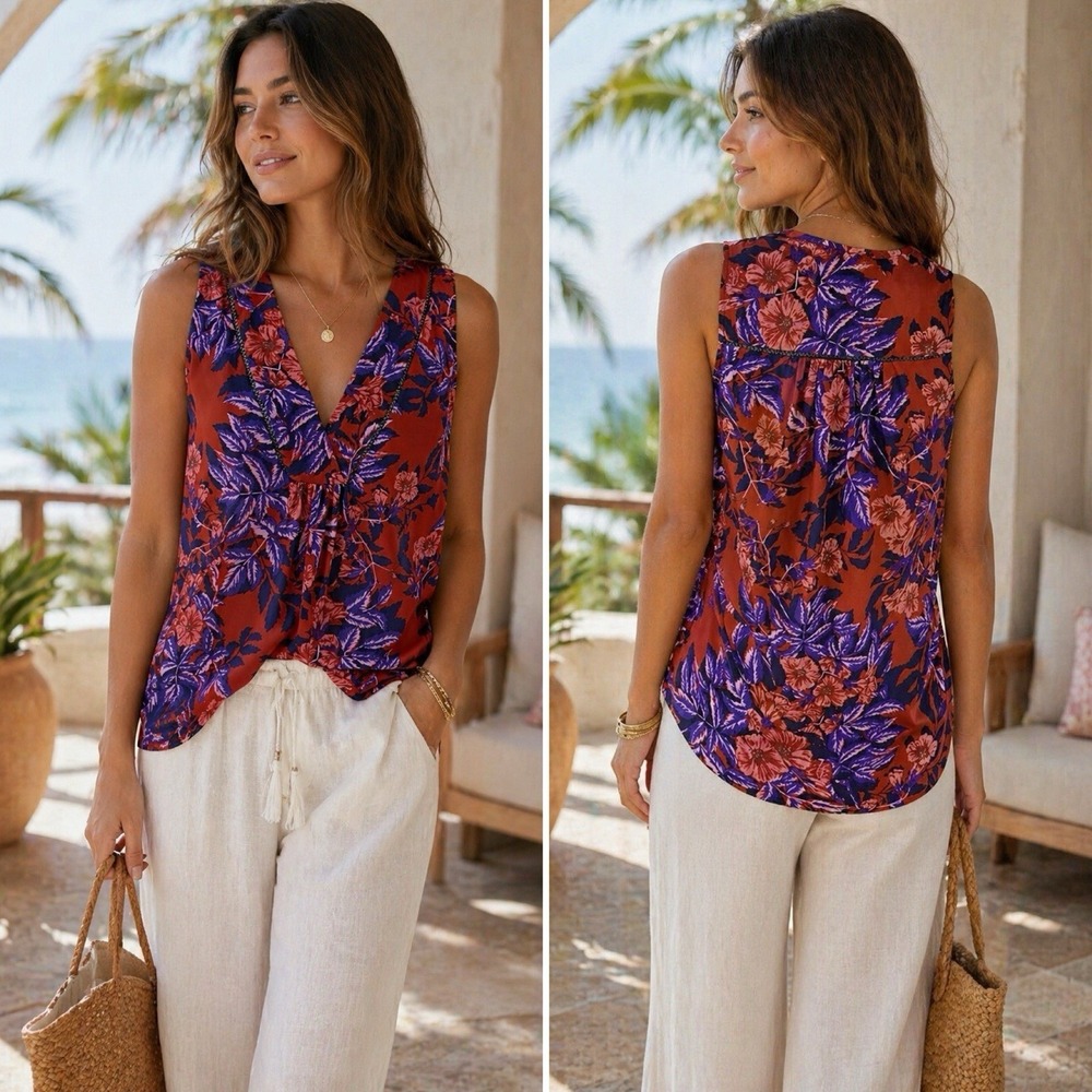 Rebecca Taylor Silk V Neck Blouse Size 2 Burnt Red Floral Lace Trim Sleeveless‎